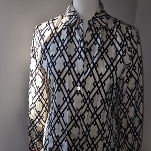 Talbots Silk Blouse with Black and Cream Design